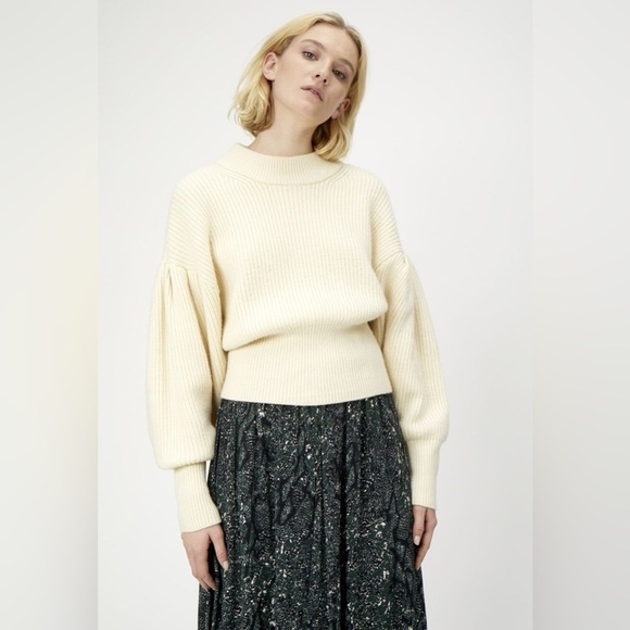 JUST FEMALE Sophie High Neck Chunky Knit Voluminous Sleeve Sweater Antique White - Picture 2 of 14